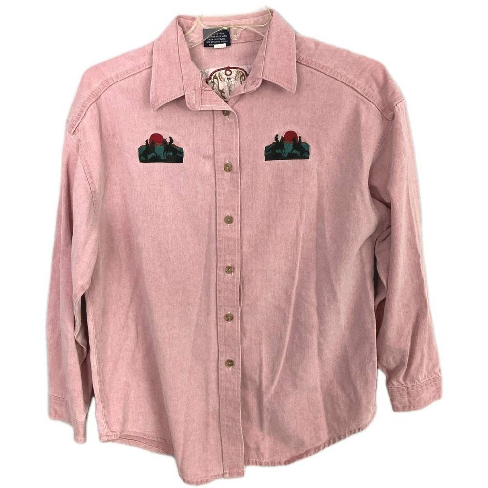 Vtg Three Rivers Shirt Womens L Pink Western Cowboy Embroidered Button Up Cotton